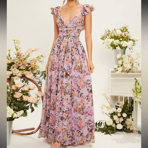 Belle Floral Print Sweetheart Neck Lace Up Backless Ruffle Trim Dress - Picture 2 of 8